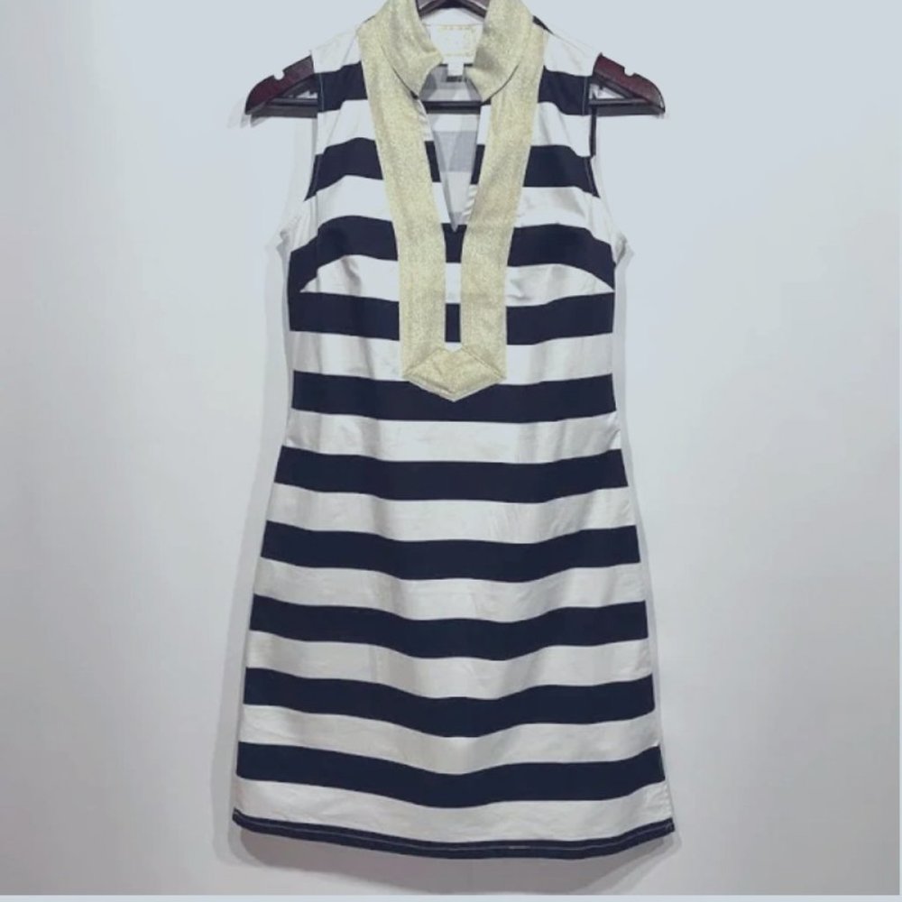 Sail to Sable, classic Tunic Dress, Navy & White Stripe with Gold Collar